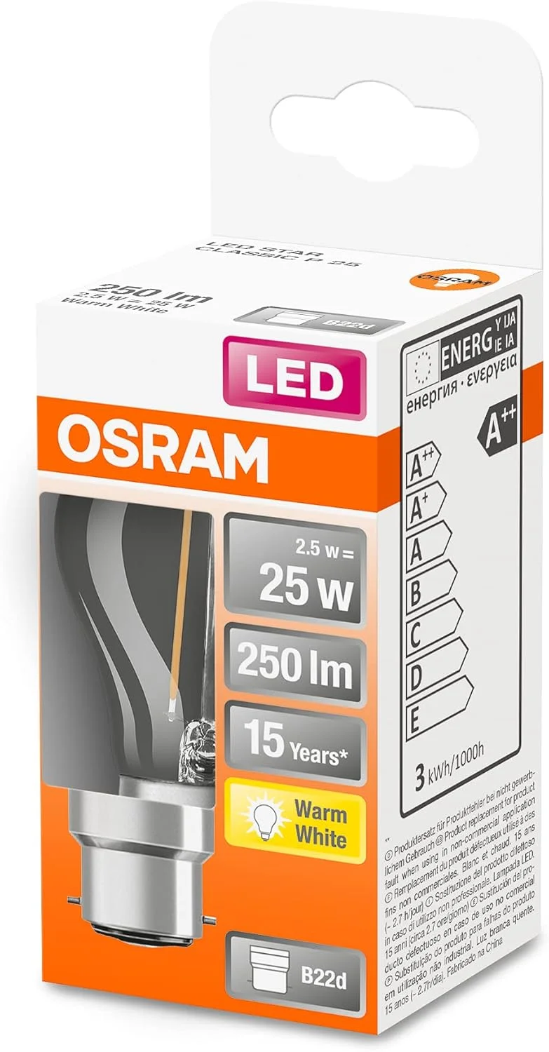 لامپ ال ای دی OSRAM مدل Star Classic P25، رشته ای شفاف با شکل قطره ای، پایه B22d، نور سفید گرم (2700K)، جایگزین لامپ های معمولی 25 وات، بسته 1 عددی