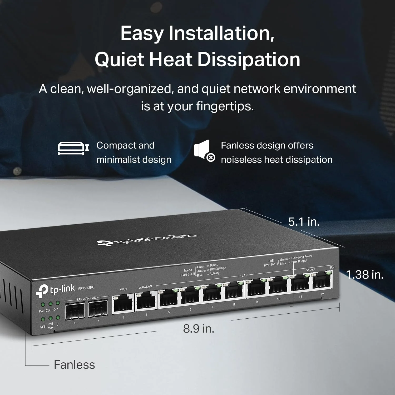 روتر گیگابیتی VPN تی‌پی‌لینک ER7212PC | روتر Omada، سوئیچ PoE و کنترلر 3 در 1 | تا 4 WAN | 8 پورت LAN PoE+ @ 110W | بدون فن | نصب آسان | تعادل بار