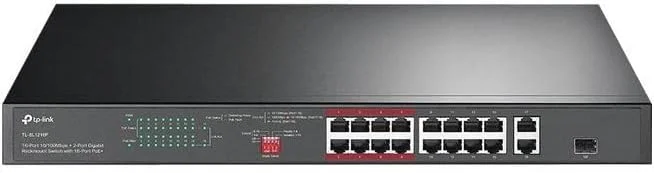 سوییچ PoE اترنت سریع 16 پورت TP-Link TL-SL1218P 10/100Mbps با 16 پورت PoE+ @150W، دارای 2 پورت گیگابیتی Uplink + 1 اسلات Combo SFP با حالت توسعه، اولویت و ایزوله
