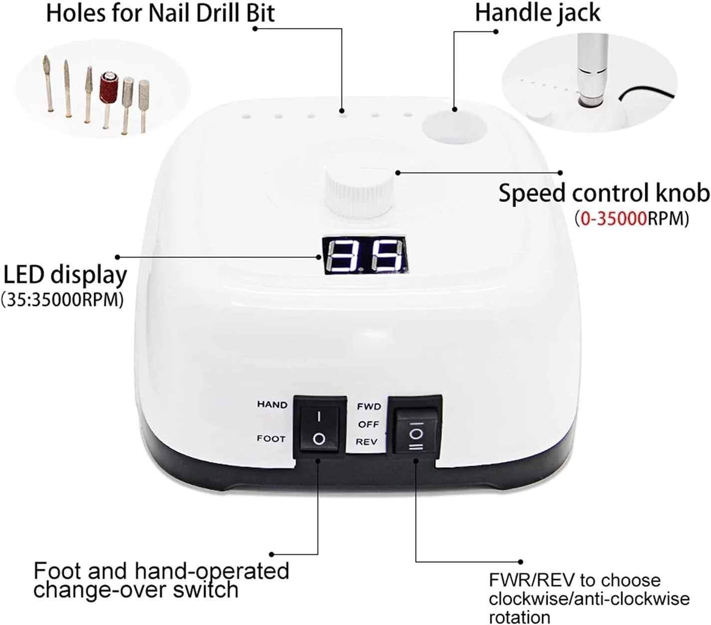 دستگاه سوهان برقی ناخن RIMOAL با سرعت 35000 دور در دقیقه به همراه پدال کنترل سرعت، مناسب برای ابزار مانیکور و پدیکور، سوهان برقی ناخن به همراه سری های سنگ زنی برای ناخن های طبیعی و لاک ژل دستگاه سوهان برقی ناخن RIMOAL با سرعت 35000 دور در دقیقه به همراه پدال کنترل سرعت، مناسب برای ابزار مانیکور و پدیکور، سوهان برقی ناخن به همراه سری های سنگ زنی برای ناخن های طبیعی و لاک ژل