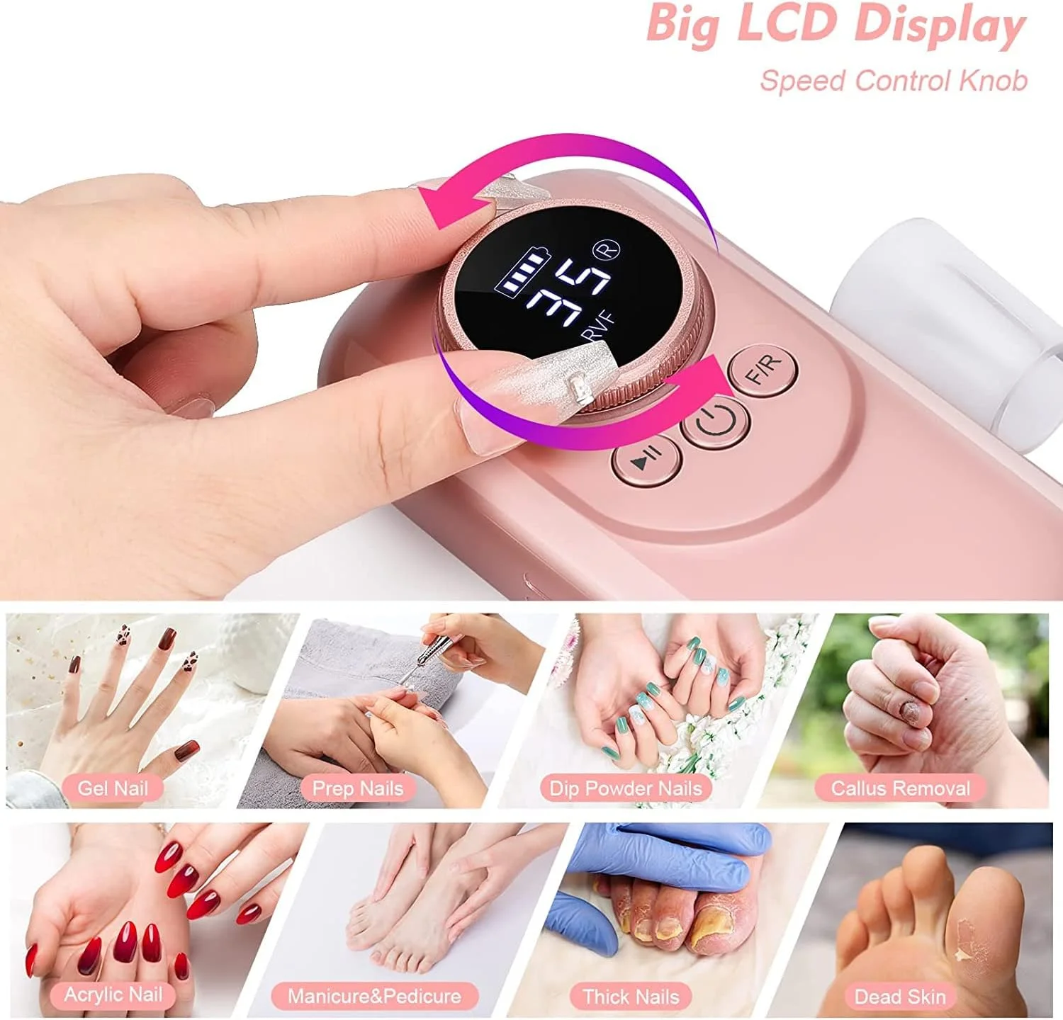 دستگاه سوهان ناخن شارژی، سوهان برقی قابل حمل با صفحه نمایش، کیت سوهان برقی حرفه ای 35000 دور در دقیقه با 11 سر سوهان برای مانیکور و پدیکور ناخن های اکریلیک و ژل، پولیش و فرم دهی
