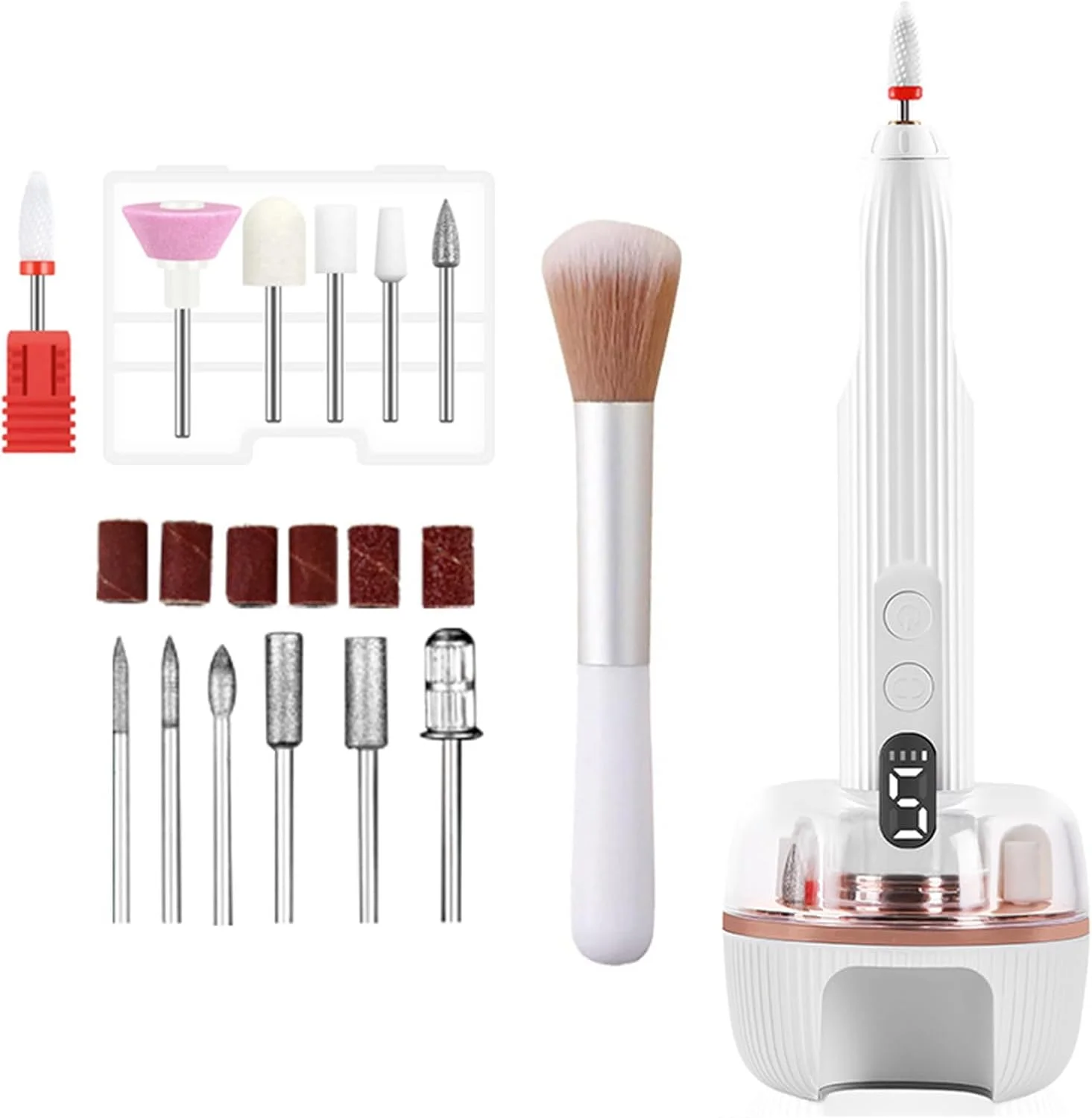 دستگاه سوهان ناخن، سوهان برقی بی سیم قابل حمل 3 در 1، دارای چراغ ناخن داخلی، سوهان برقی حرفه ای ناخن با 12 سر سنگ زنی، 18000 دور در دقیقه، سوهان برقی با 5 سرعت قابل تنظیم