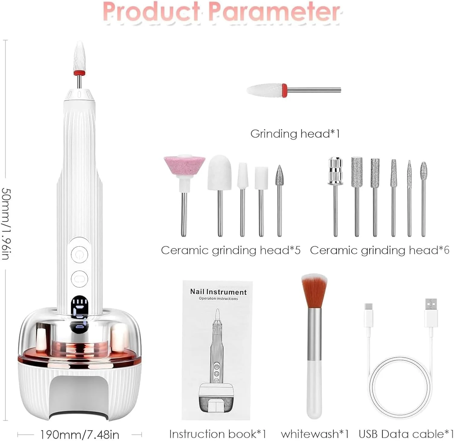 دستگاه سوهان ناخن، سوهان برقی بی سیم قابل حمل 3 در 1، دارای چراغ ناخن داخلی، سوهان برقی حرفه ای ناخن با 12 سر سنگ زنی، 18000 دور در دقیقه، سوهان برقی با 5 سرعت قابل تنظیم