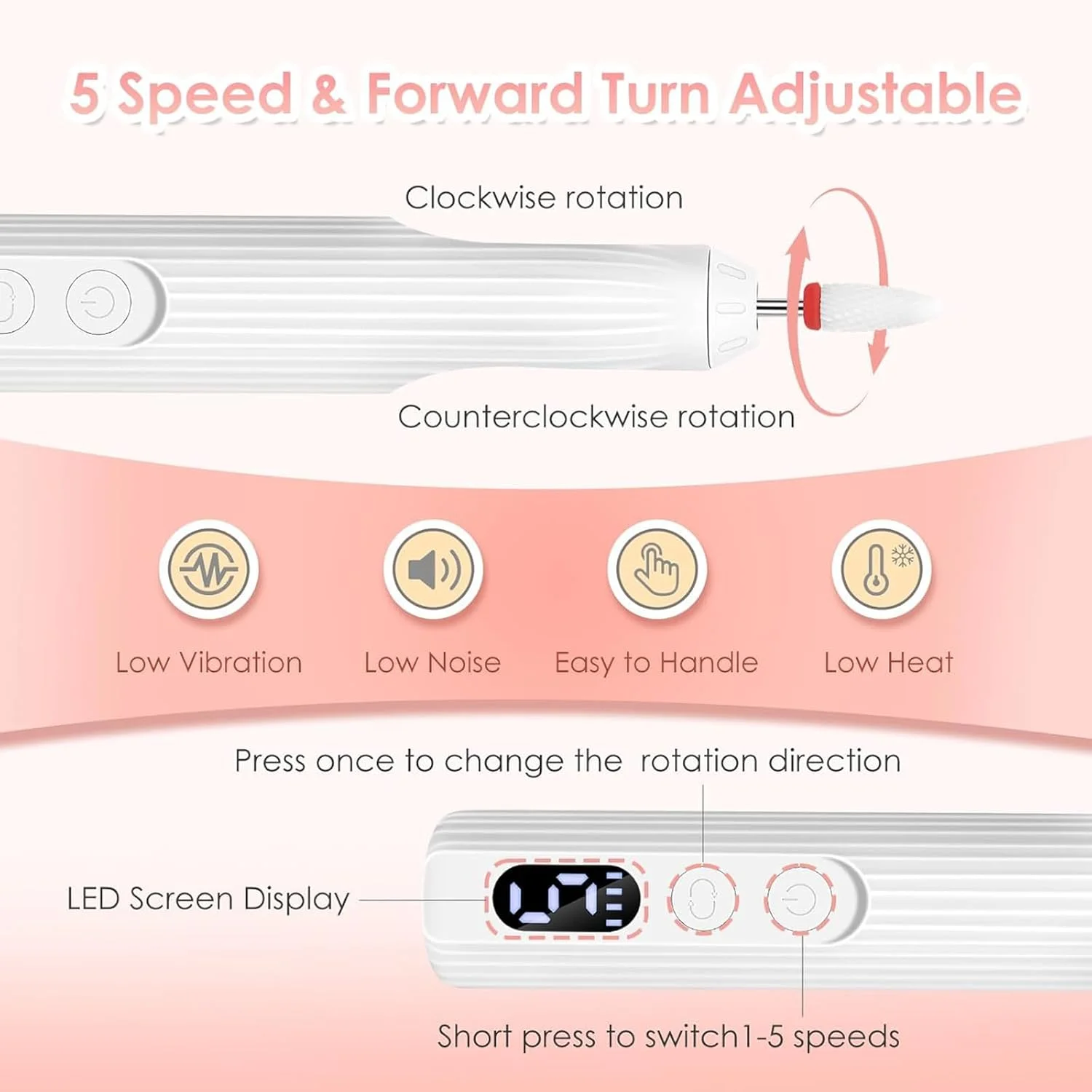 دستگاه سوهان ناخن، سوهان برقی بی سیم قابل حمل 3 در 1، دارای چراغ ناخن داخلی، سوهان برقی حرفه ای ناخن با 12 سر سنگ زنی، 18000 دور در دقیقه، سوهان برقی با 5 سرعت قابل تنظیم