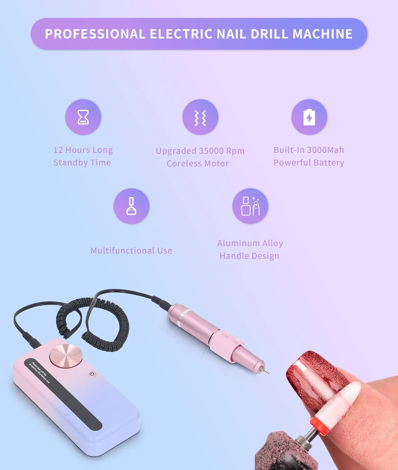 دستگاه سوهان برقی ناخن حرفه ای، سوهان برقی شارژی 35000 دور در دقیقه، چند منظوره، قابل حمل، کیت سوهان برقی حرفه ای برای استفاده در منزل و سالن