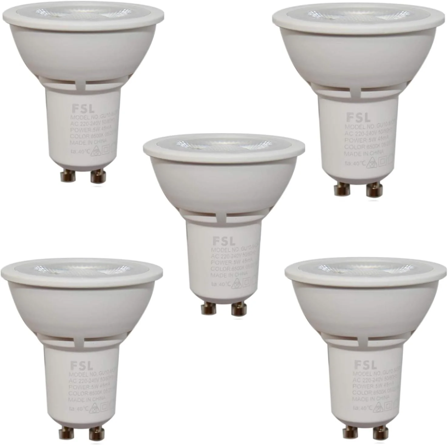 چراغ ال ای دی GU10 اسپات FSL، توان 5 وات، ولتاژ AC90-220V، سفید 6500K / سفید گرم 3000K، بسته 5 عددی (سفید گرم 3000K)