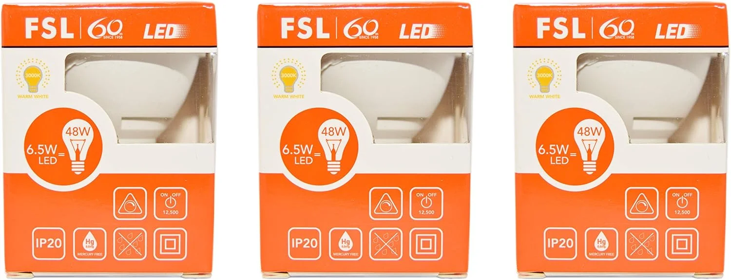 لامپ ال ای دی FSL مدل MR16، چراغ نقطه ای دیمر دار GU5.3 6.5W AC180-265V سفید/سفید گرم (سفید گرم 3000K) (قیمت برای 3 عدد)