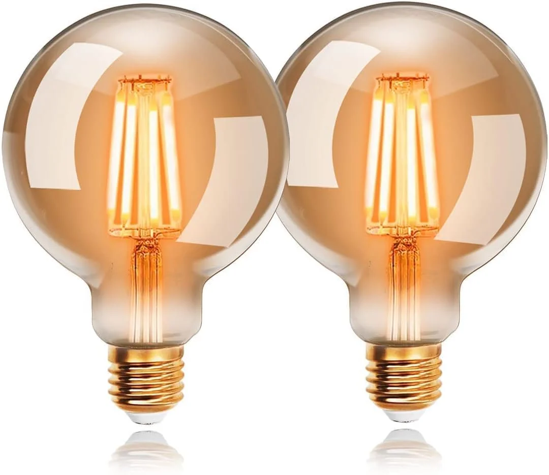 لامپ ادیسونی LED، پایه E27، مدل G125، توان 6 وات، نور سفید گرم 2200 کلوین (نور زرد)، شیشه کهربایی عتیقه، بسته 2 عددی