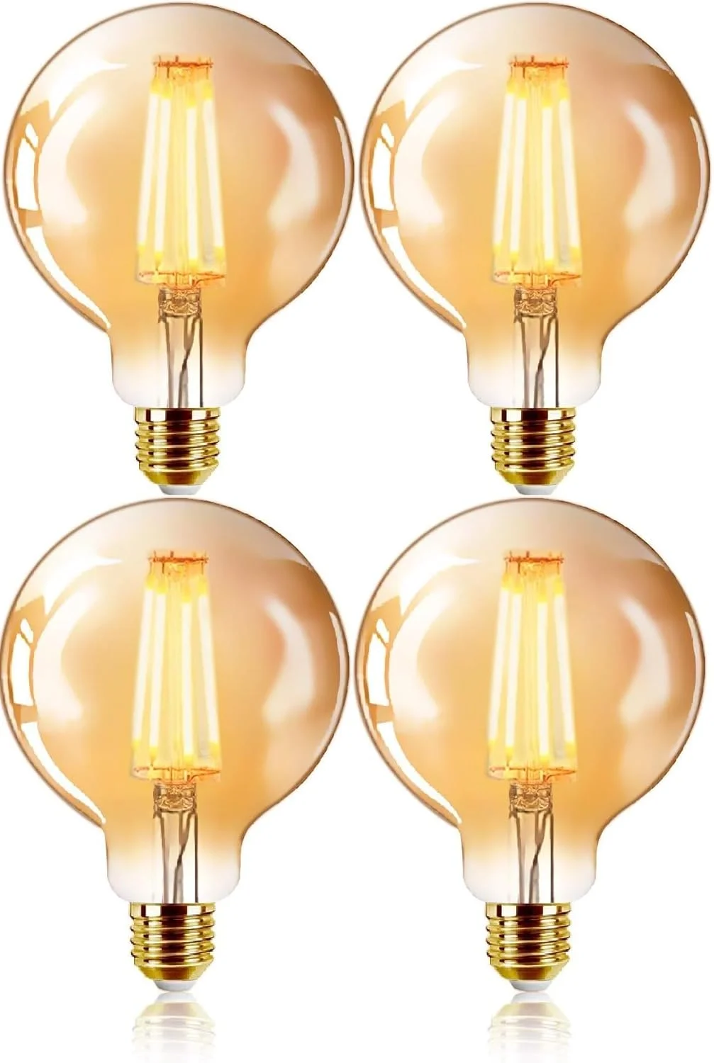 لامپ ادیسونی LED، پایه E27، G95، 6 وات، سفید گرم 2200K (نور زرد)، شیشه کهربایی عتیقه، بسته 4 عددی