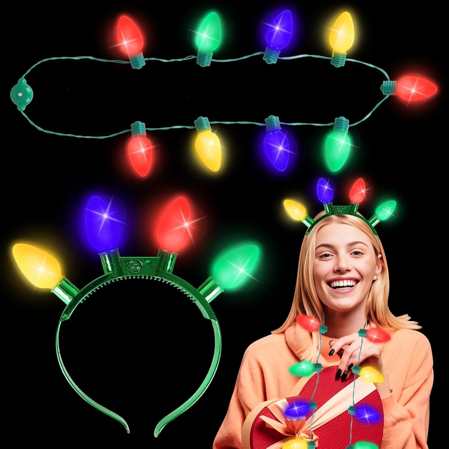 DIYASY 2 عدد تل سر چراغ کریسمس، تل سر لامپ چراغ LED کریسمس، گردنبند چراغ کریسمس با 9 لامپ و تل سر کریسمس با 4 لامپ برای لوازم مهمانی کریسمس بزرگسالان