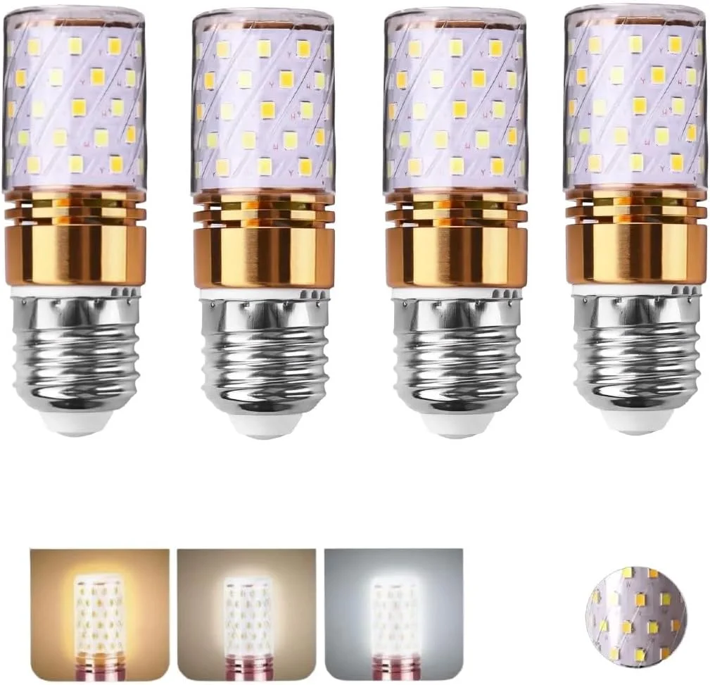 لامپ ال ای دی E27 (بسته 4 عددی) 3 در 1 تغییر رنگ به نور روز | سفید گرم | سفید سرد، بدون سوسو، صرفه جویی 90 درصدی در قبض برق، 360 درجه لومن، مناسب برای لوسترها، چراغ های دیواری، چراغ های رومیزی و غیره (طلایی)