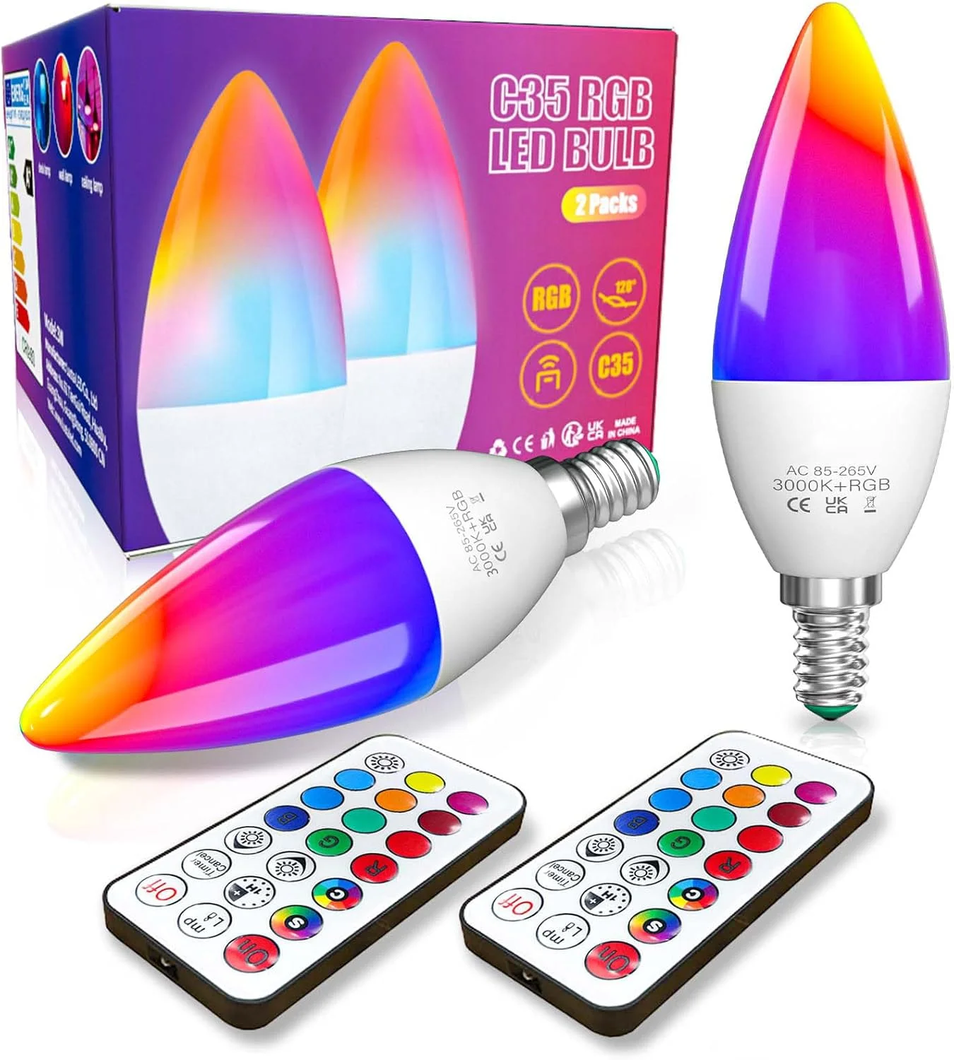 لامپ شمعی ال ای دی 3 وات E14 تغییر رنگ دهنده Bonlux RGB + سفید گرم 3000K با قابلیت تنظیم نور - 12 رنگ، عملکرد حافظه و تایمر - پایه ادیسونی چند رنگ برای خانه/تزئینات/مهمانی/KTV/بار (2 عدد)