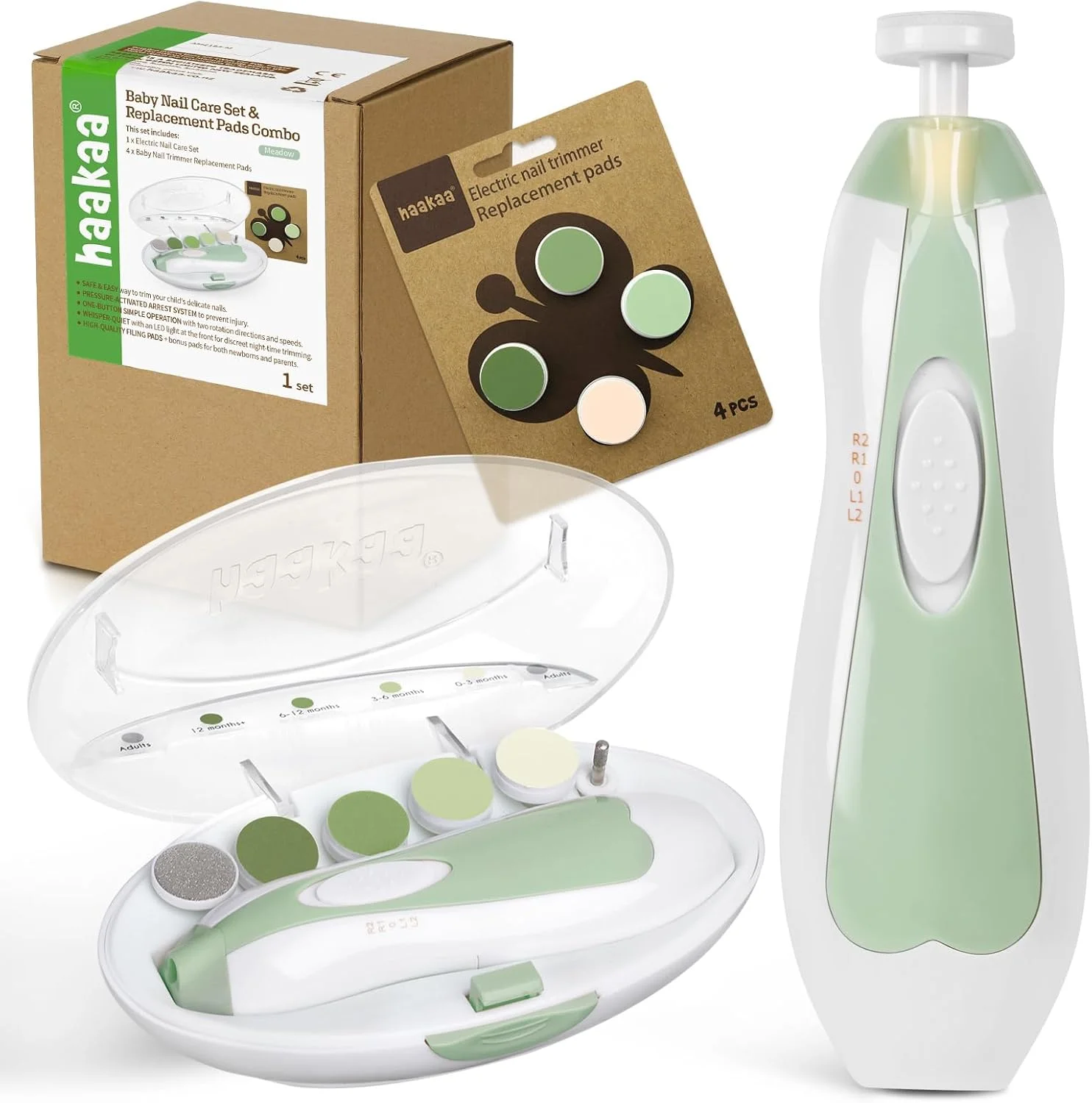 ست مانیکور کودک هاآکا، سوهان ناخن برقی نوزاد، مناسب نوزادان، کودکان نوپا و بزرگسالان، مراقبت از ناخن های دست و پا به همراه 4 پد جایگزین اضافه، مدل Meadow