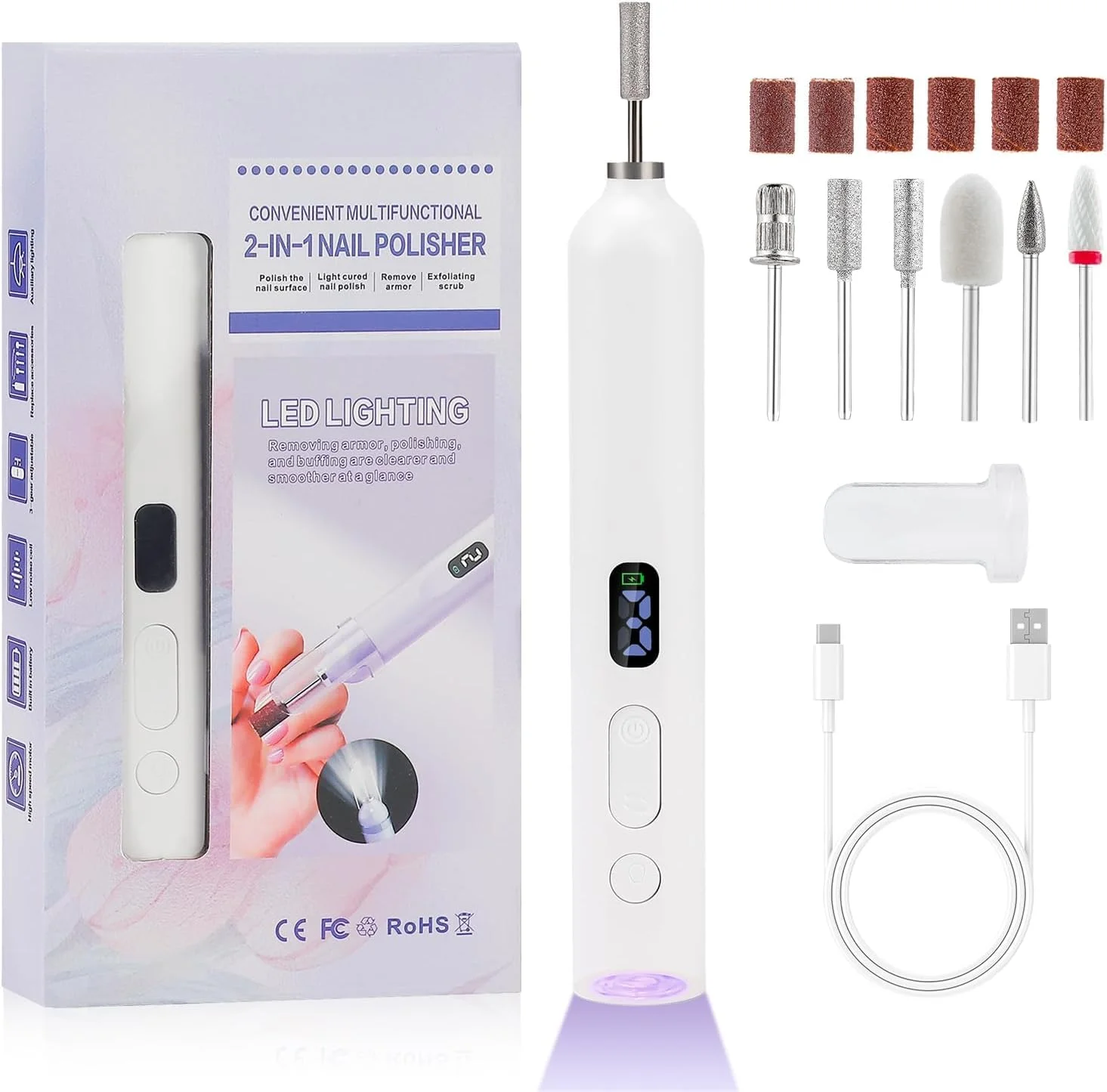 دستگاه سوهان برقی ناخن، سوهان ناخن قابل حمل بی سیم شارژی، ست لامپ ناخن با نور UV و صفحه نمایش، 3 سرعت حرفه ای مانیکور پدیکور پولیش 6 در 1 (سفید)