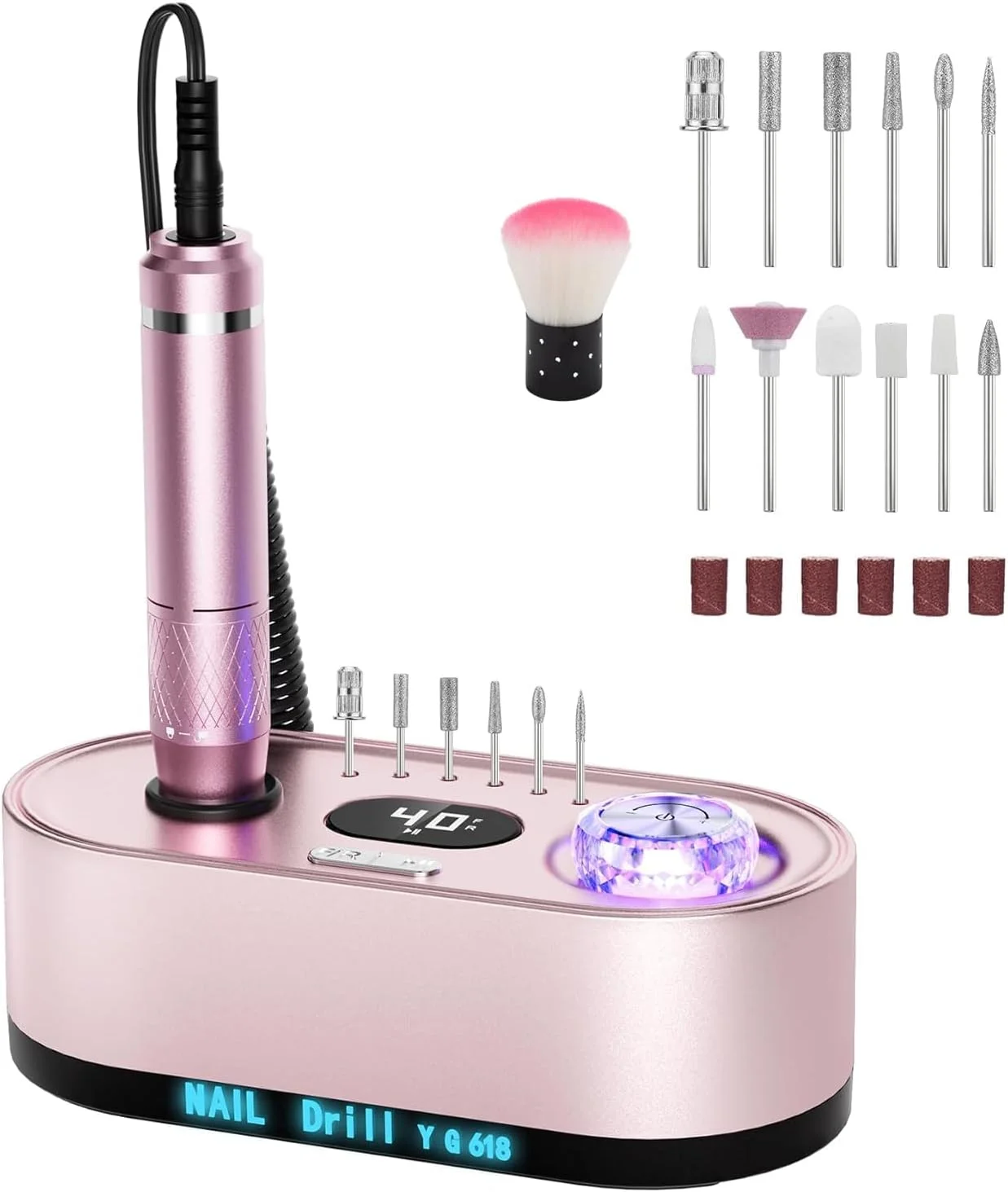 دستگاه سوهان برقی ناخن حرفه ای: کیت سوهان برقی ناخن 40000 دور در دقیقه با صفحه نمایش LCD برای ناخن های اکریلیک ژل، مانیکور پدیکور، پولیش ناخن، مناسب برای استفاده در سالن و منزل (صورتی)