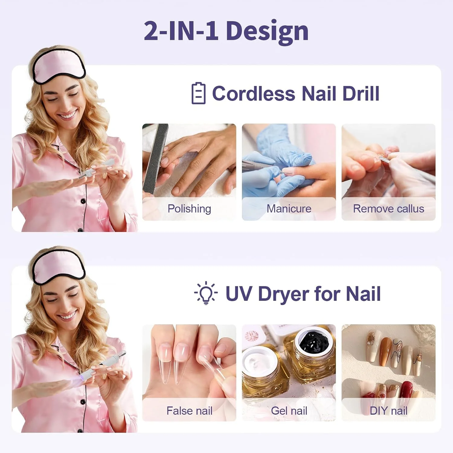 دستگاه سوهان برقی ناخن، سوهان ناخن قابل حمل بی سیم شارژی، ست لامپ ناخن با نور UV و صفحه نمایش، 3 سرعت حرفه ای مانیکور پدیکور پولیش 6 در 1 (سفید)