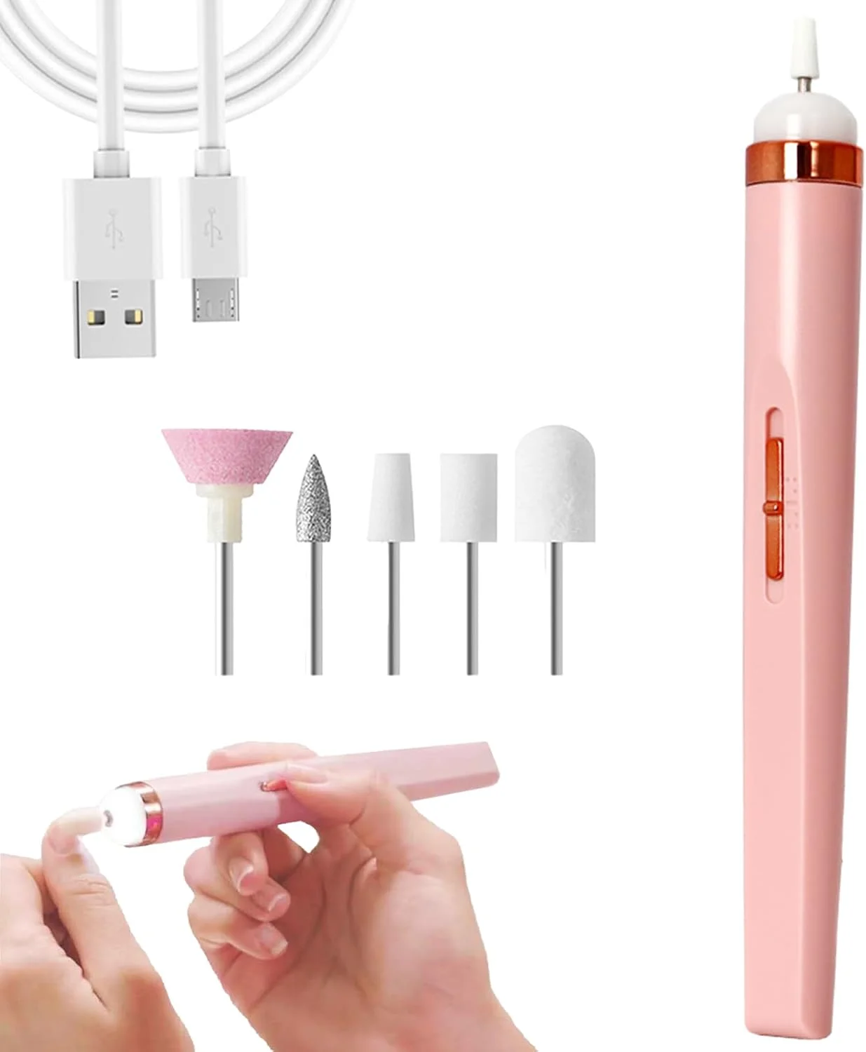 دستگاه سوهان برقی ناخن، دستگاه پولیش ناخن USB 5 در 1 با چراغ، ابزارهای شکل دهی قابل حمل مینی حرفه ای مانیکور پدیکور، کیت سوهان برقی ناخن حرفه ای برای ناخن های ژلی آکریلیک، صورتی