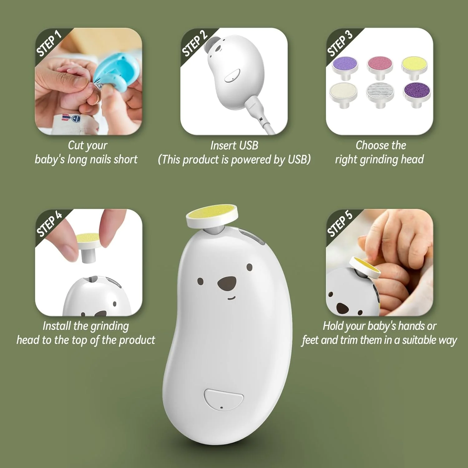 سوهان ناخن برقی کودک، ناخن گیر شارژی کودک با 6 سری سمباده و چراغ LED، ست سوهان ناخن ایمن کودک برای پولیش ناخن های دست و پای نوزاد و کودک نوپا، مراقبت از ناخن، طراحی ارگونومیک