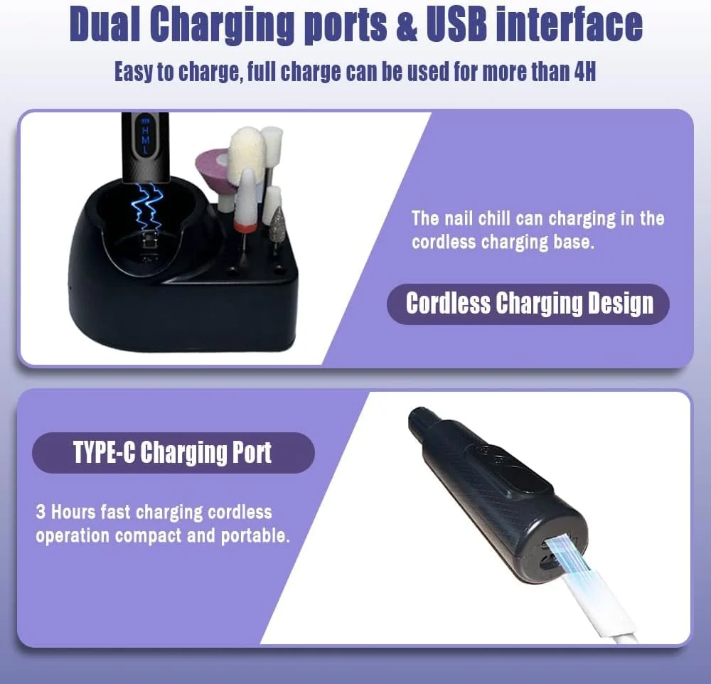 دستگاه سوهان برقی ناخن، سوهان برقی ناخن بی سیم، کیت مانیکور پدیکور برای ناخن های اکریلیک و ژل، سوهان برقی ناخن شارژی، سنگ سنباده ناخن حرفه ای برای استفاده در سالن منزل