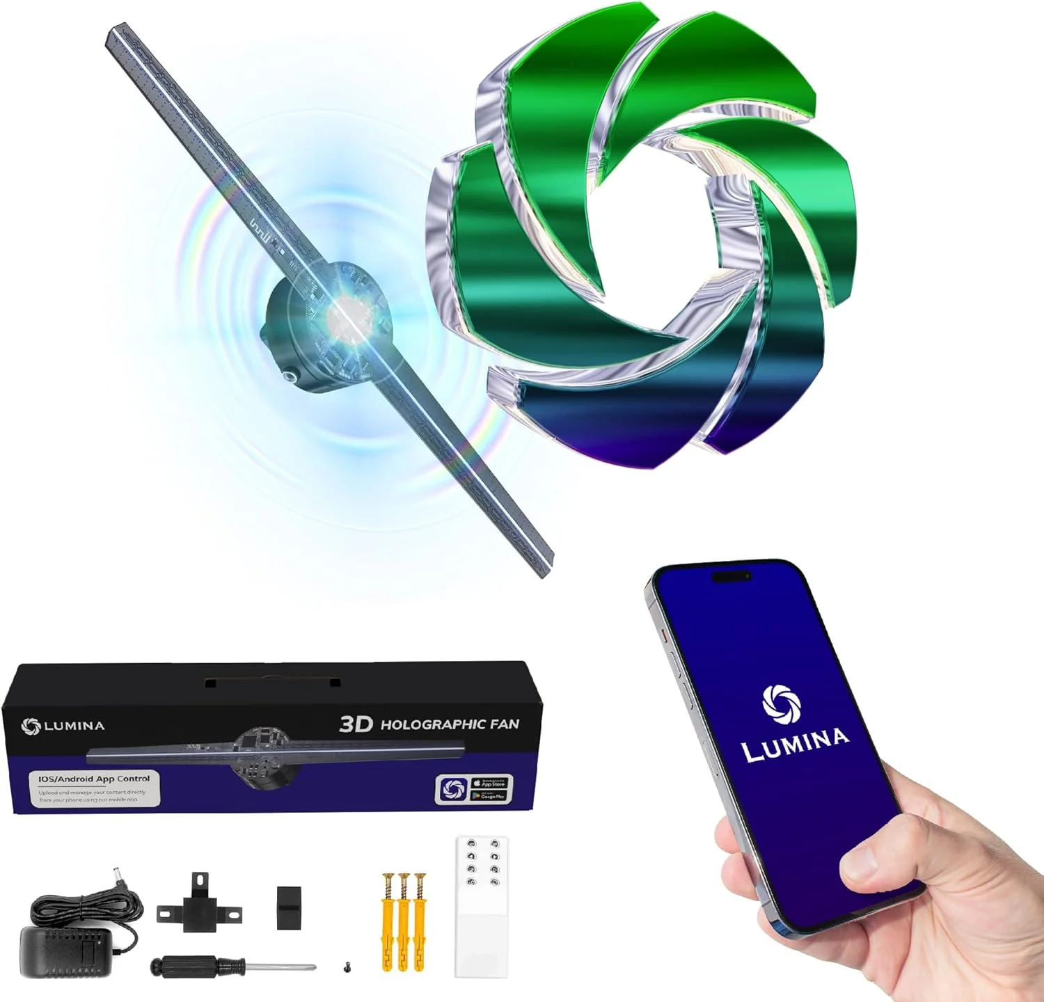 فن هولوگرافی سه بعدی لومینا 17 اینچ، فن هولوگرام با نمایشگر پروژکتور ویدئویی سه بعدی، کنترل برنامه IOS/Android Wi-Fi، رزولوشن HD 1600x384px، صدای بلوتوث، کتابخانه ویدیویی سه بعدی رایگان، MP4، MOV، AVI، JPEG، PNG