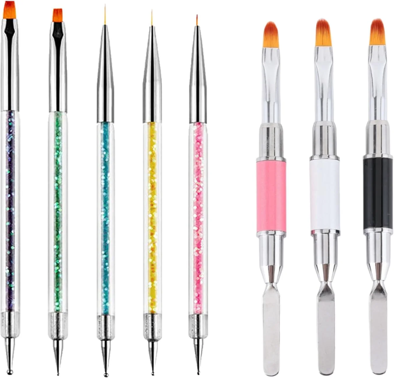 ست قلمو طراحی ناخن، 8 عدد قلمو دو طرفه اکریلیک و ابزار قلم مو انتخابگر برای طراحی ناخن با اکستنشن ناخن های اکریلیک ژل پلی ژل، قلموهای لاینر ظریف و قلم نقطه گذاری (6، 7، 8، 9، 11 میلی متر)