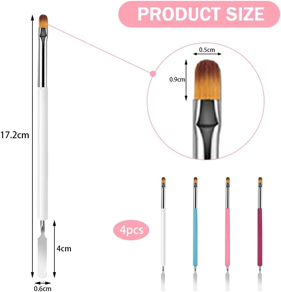 ست ۴ عددی برس ناخن TRKETK برای ژل ناخن، برس های دو طرفه برای ژل ناخن، ابزار طراحی ناخن تخت، قلم طراحی و هل دهنده برس برای ابزار اکستنشن ناخن ژلی DIY (۴ رنگ)