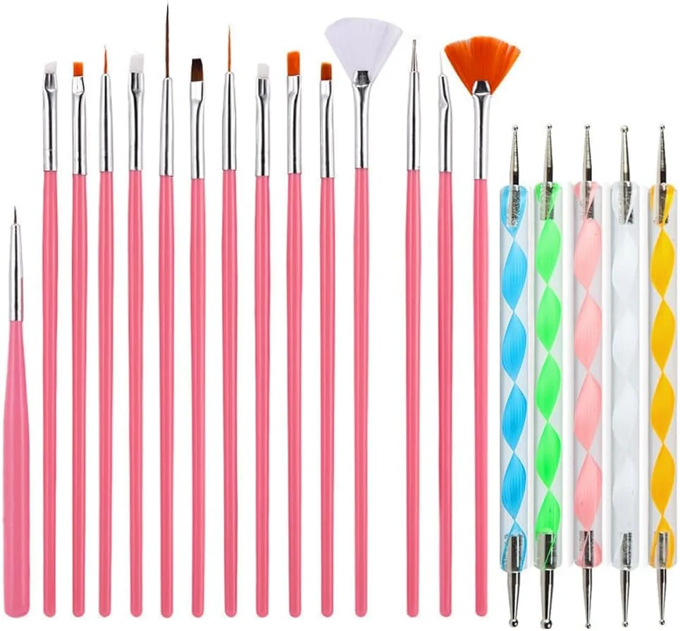 ست 20 عددی قلم طراحی ناخن، ابزار طراحی ناخن با قلم ژل اکستنشن ناخن، قلم لاک ناخن، قلم ژل بیلدر ناخن، سوزن نقطه گذاری، قلم مته چسبی (گل صورتی)