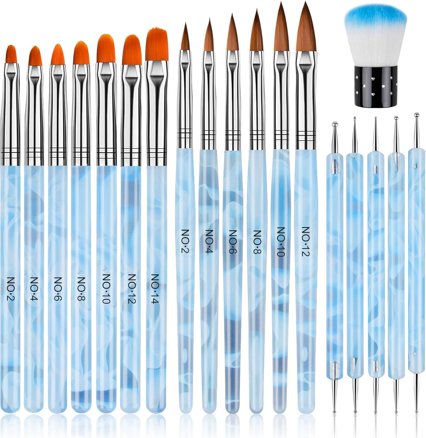 مجموعه 19 عددی قلم موی کاشت ناخن اکریلیک TOROKOM، ست قلم موی ژل UV، قلم موی طراحی ناخن، قلم موی طراحی سه بعدی ناخن، قلم نقطه گذاری ناخن، قلم موی ژل پولی اکستنشن، برس های پاک کننده گرد و غبار طراحی ناخن (آبی)