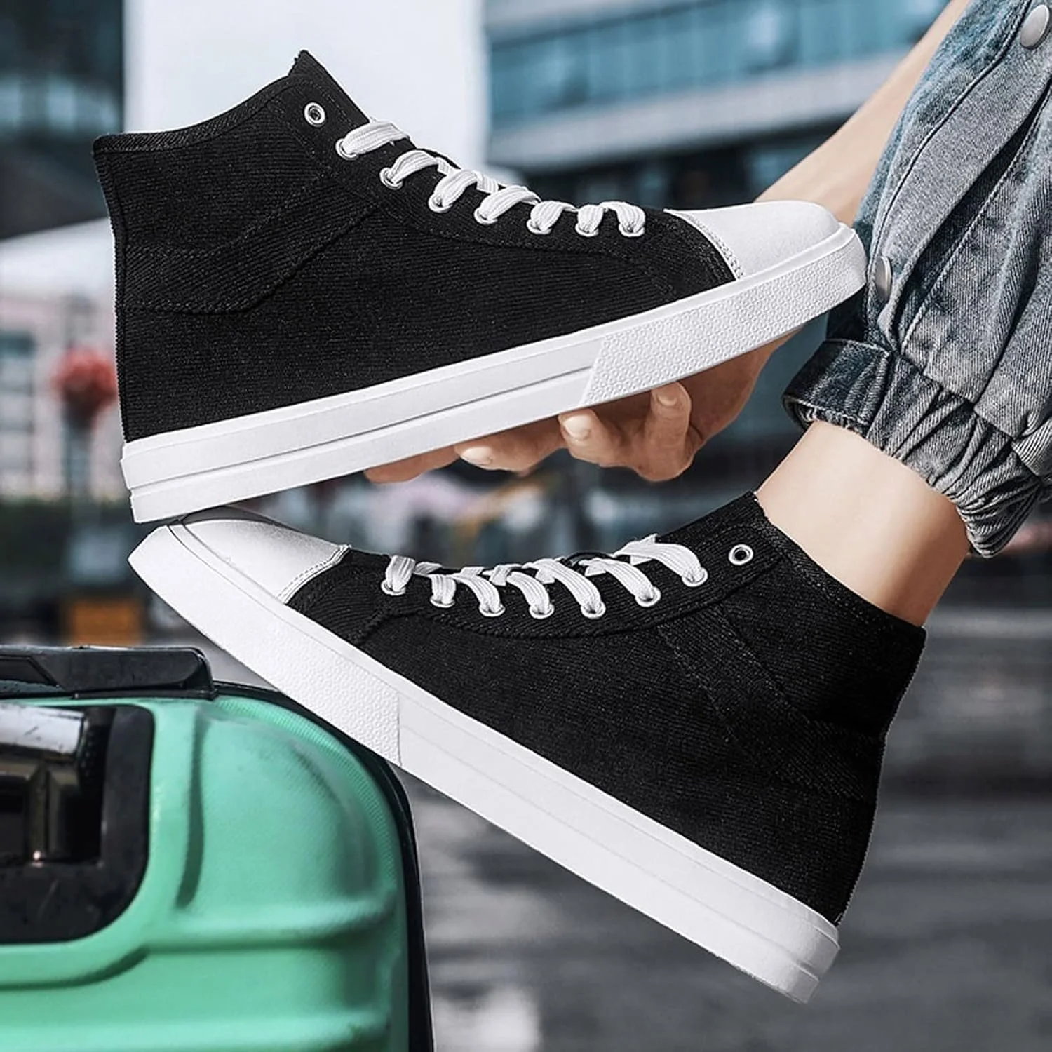 کفش های مردانه BUYUP، کفش های کتانی ساق بلند مردانه، کفش های کتانی سبک و راحت، کفش های مشکی کلاسیک مردانه (رنگ: Hortel، سایز: 45)