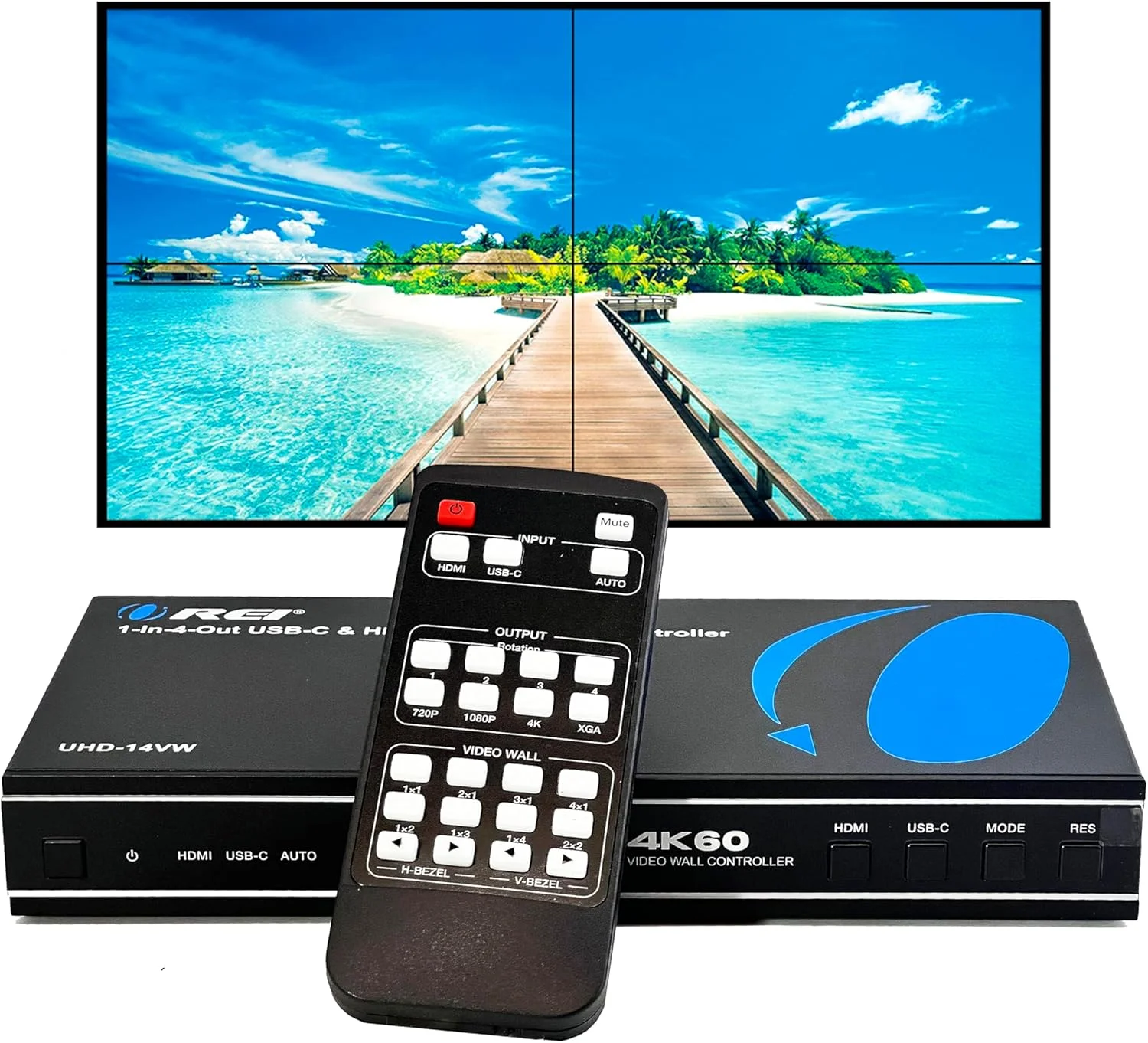پردازنده کنترلر دیوار ویدئویی 4K 2x2 HDMI یا USB-C OREI، نمایش تا 4K 60 هرتز، 2x1، 1x2، 1x3، 1x4، پشتیبانی از چرخش 180 درجه RS-232 استخراج صدا (UHD-14VW)
