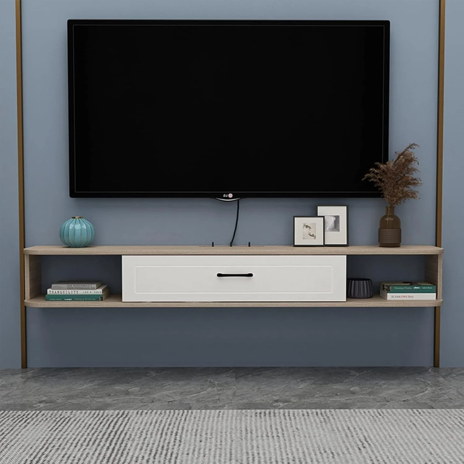 کابینت استند تلویزیون شناور، قفسه روتر وای فای ست تاپ باکس، قفسه دیواری رک ذخیره سازی صوتی/تصویری تلویزیون، سوراخ کابل همه جهته (رنگ: C، سایز: 120CM)