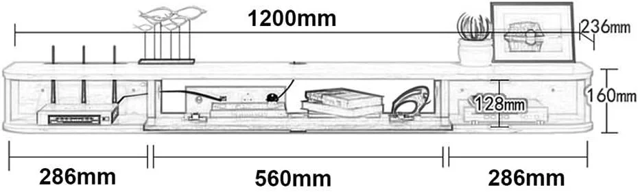 شلف شناور دیواری، شلف دیواری شناور با کشوها و واحدهای ذخیره سازی، کنسول صوتی/تصویری، کنسول رسانه، کنسول بازی، واحد قفسه بندی برای جعبه کابل، روتر، ریموت، پخش کننده DVD