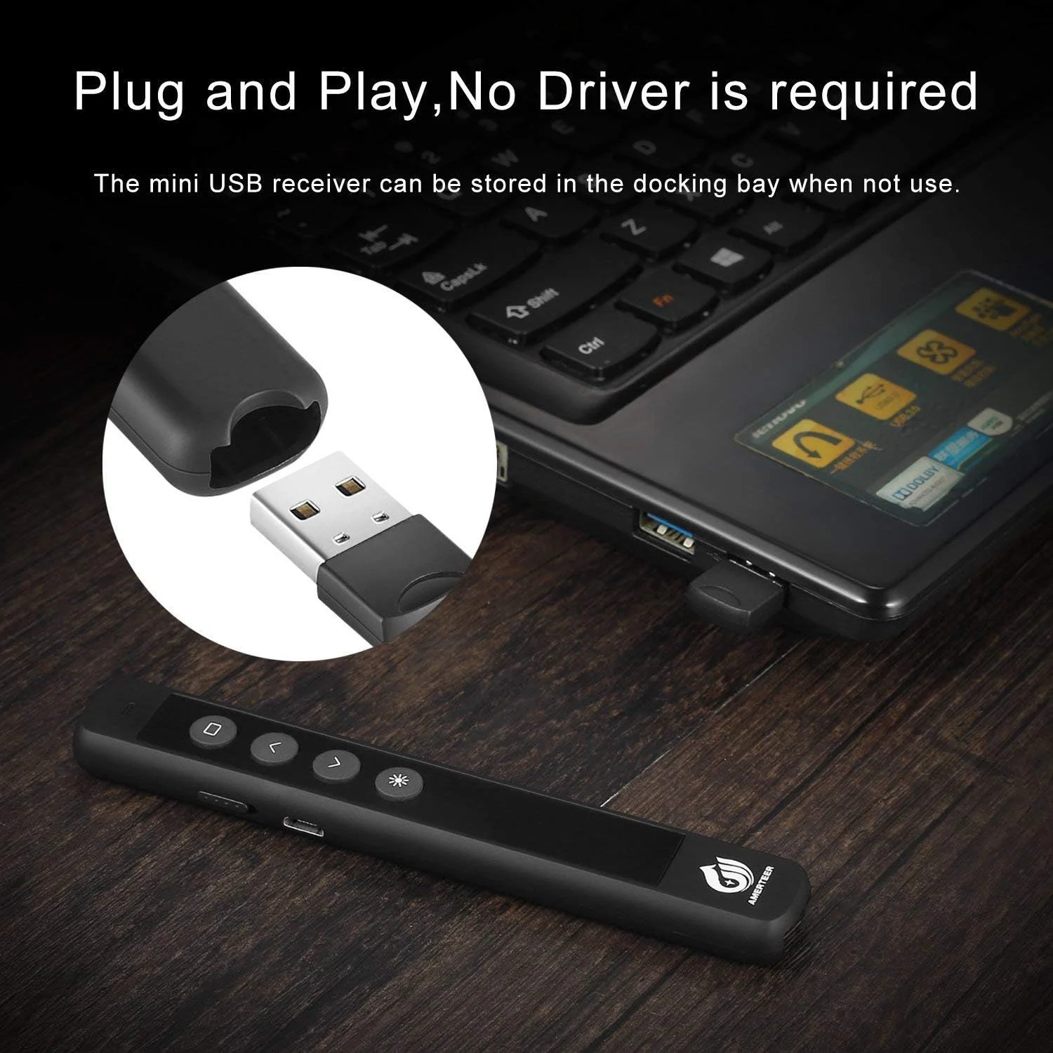 ارائه دهنده بی سیم AMERTEER - ریموت قابل شارژ RF 2.4GHz با نشانگر لیزری، کلیکر ارائه پاورپوینت با نشانگر لیزری قرمز برای ویندوز و مک، ایده آل برای جلسات و سخنرانی های تجاری