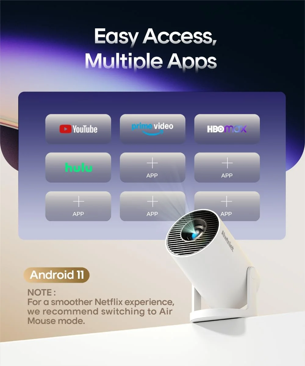 پروژکتور مینی ارتقا یافته Alwtniet مدل 2025 Hy300Pro با Wifi6 و بلوتوث، پروژکتور قابل حمل 4K 1080P با پشتیبانی از اندروید، دارای ایر ماوس و چرخش 180 درجه کلید خودرو، مناسب برای فیلم در فضای باز پروژکتور مینی ارتقا یافته Alwtniet مدل 2025 Hy300Pro با Wifi6 و بلوتوث، پروژکتور قابل حمل 4K 1080P با پشتیبانی از اندروید، دارای ایر ماوس و چرخش 180 درجه کلید خودرو، مناسب برای فیلم در فضای باز