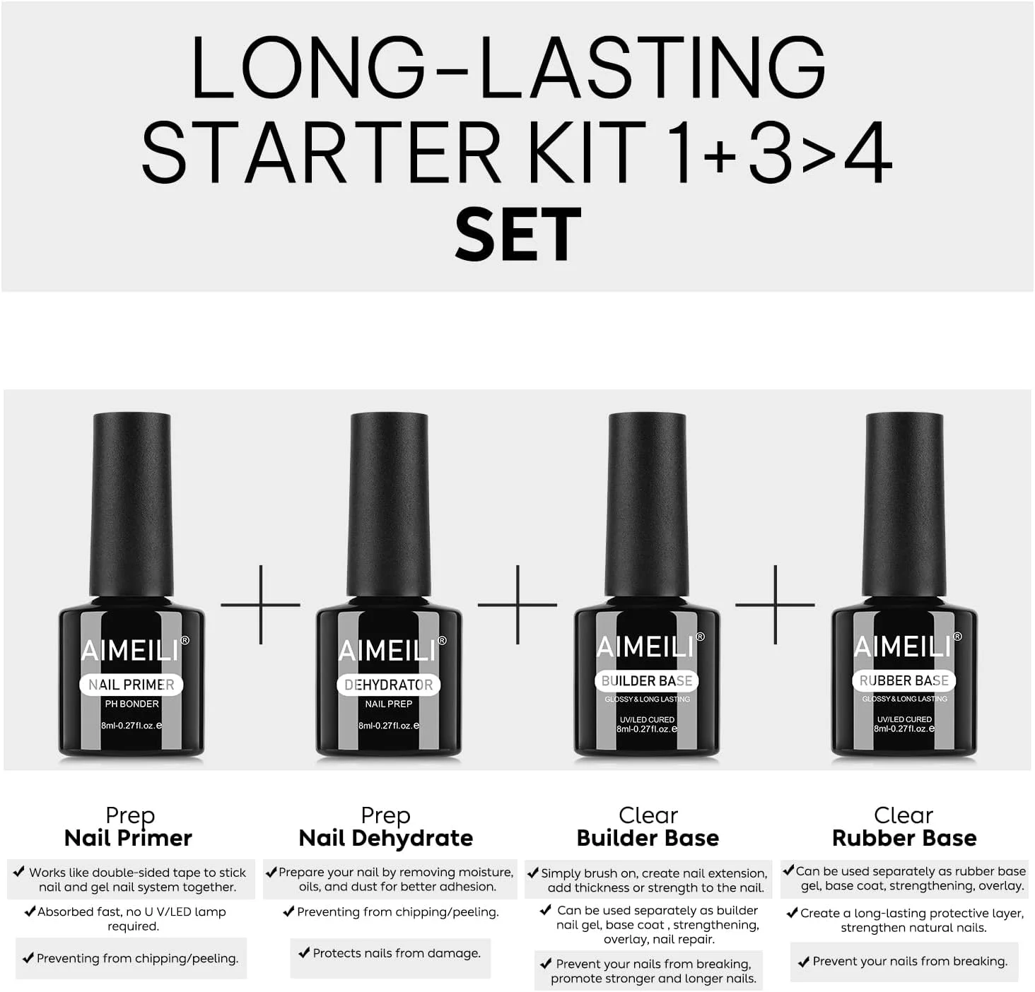 ست ژل سازنده AIMEILI، پرایمر دهیدراتور و بیس رابر، 4 عدد 8 میلی لیتر، ژل ناخن سازنده 7 در 1، دهیدراتور و پرایمر آماده سازی ناخن، لایه زیرین بیس رابر برای ناخن های انگشت