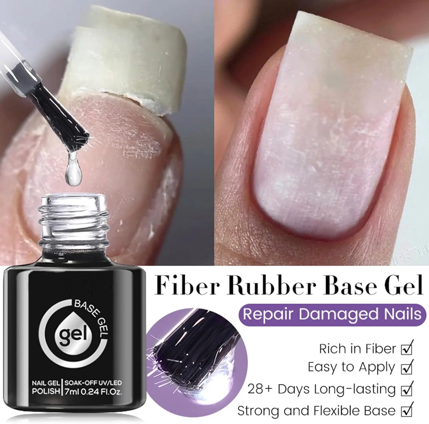 لاک ژل بیس، لاک ژل بیس لاستیکی فایبر گلاس شفاف | نیاز به خشک شدن با UV LED، لوازم جانبی مانیکور پدیکور شفاف قابل خیساندن برای مسافرت، منزل، فضای باز، سالن