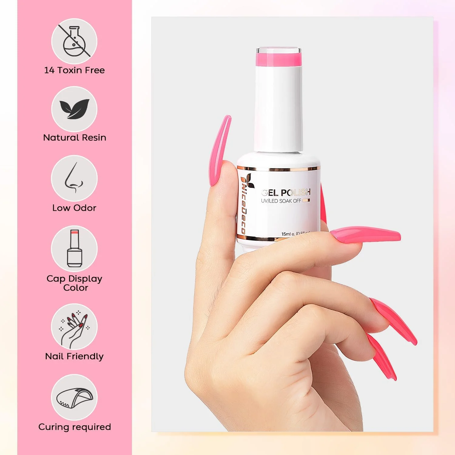 لاک ژل ناخن Nicedeco، ۱۵ میلی لیتر، لاک ژل خیساندنی UV/LED، بدون تست حیوانی، مانیکور و پدیکور وگان، مناسب سالن و استفاده خانگی - ماندگاری طولانی - 009 لاک ژل ناخن Nicedeco، ۱۵ میلی لیتر، لاک ژل خیساندنی UV/LED، بدون تست حیوانی، مانیکور و پدیکور وگان، مناسب سالن و استفاده خانگی - ماندگاری طولانی - 009