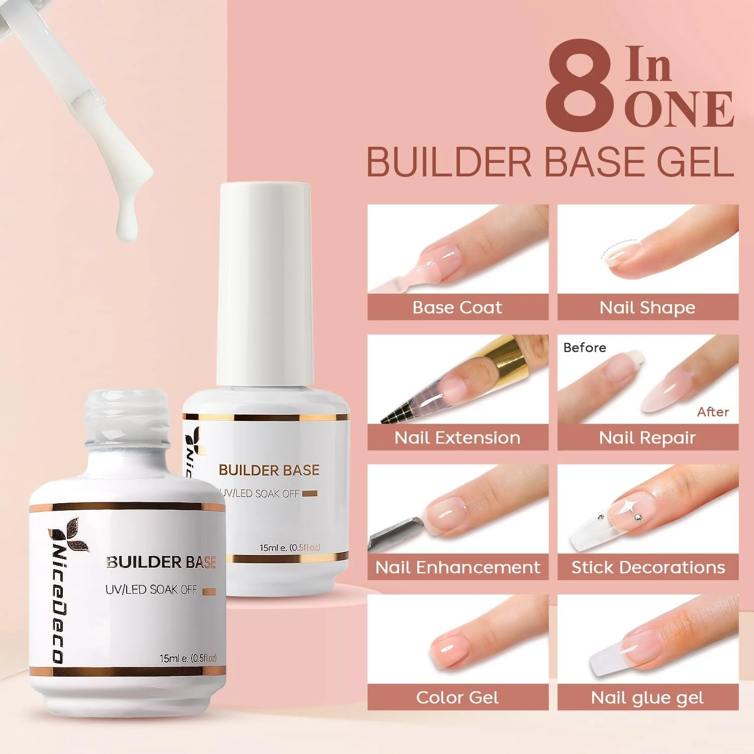 ست لاک ژل بیس بیلدر Nicedeco Hema Free، بدون تست حیوانی، وگان، شامل 2 عدد 15 میل، رنگ سفید و بی رنگ، قابل استفاده با LED و UV، مناسب برای مانیکور (2-6) ست لاک ژل بیس بیلدر Nicedeco Hema Free، بدون تست حیوانی، وگان، شامل 2 عدد 15 میل، رنگ سفید و بی رنگ، قابل استفاده با LED و UV، مناسب برای مانیکور (2-6)