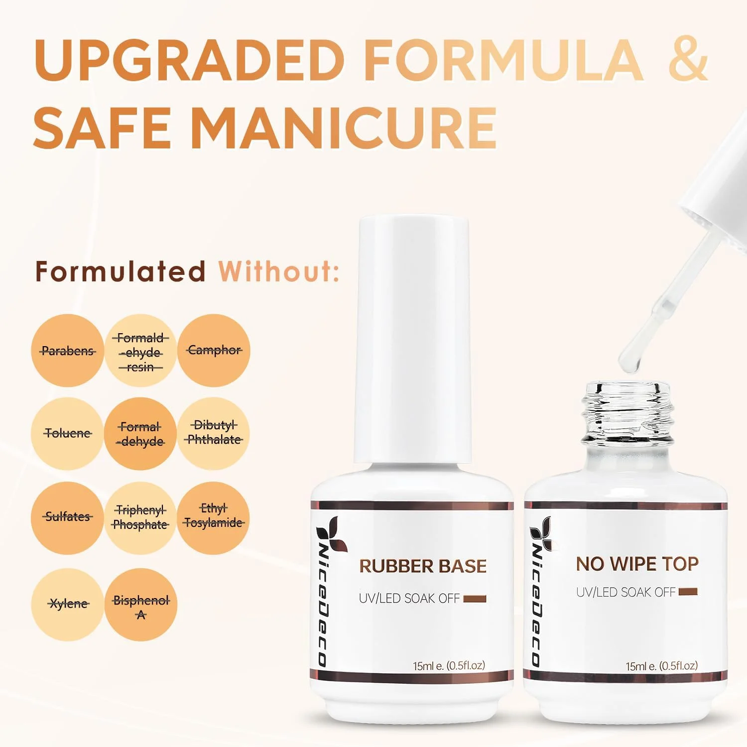 لاک ژل پایه لاستیکی شفاف بدون هما Nicedeco و تاپ کت ژل بدون نیاز به دستمال کشیدن، بدون تست حیوانی، وگان، براق و درخشان