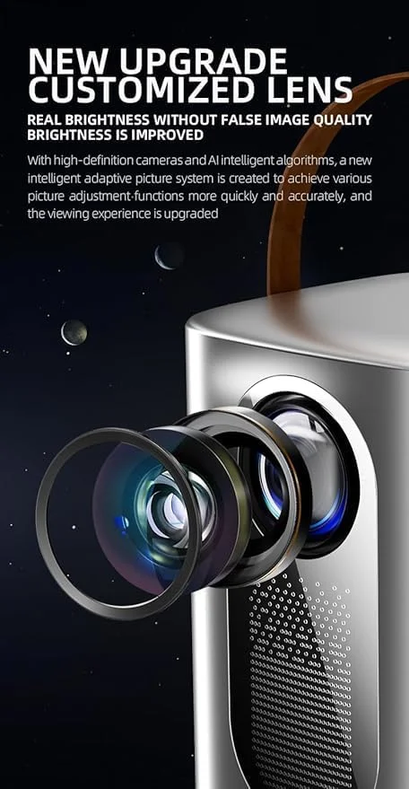 پروژکتور هوشمند مینی DLP مدل HY6 4K – اندروید 9، 200 لومن، انعکاس صفحه نمایش بی‌سیم، قابل حمل با بلندگوی داخلی، لنز دستی و قابلیت تصویر تا 3 متر