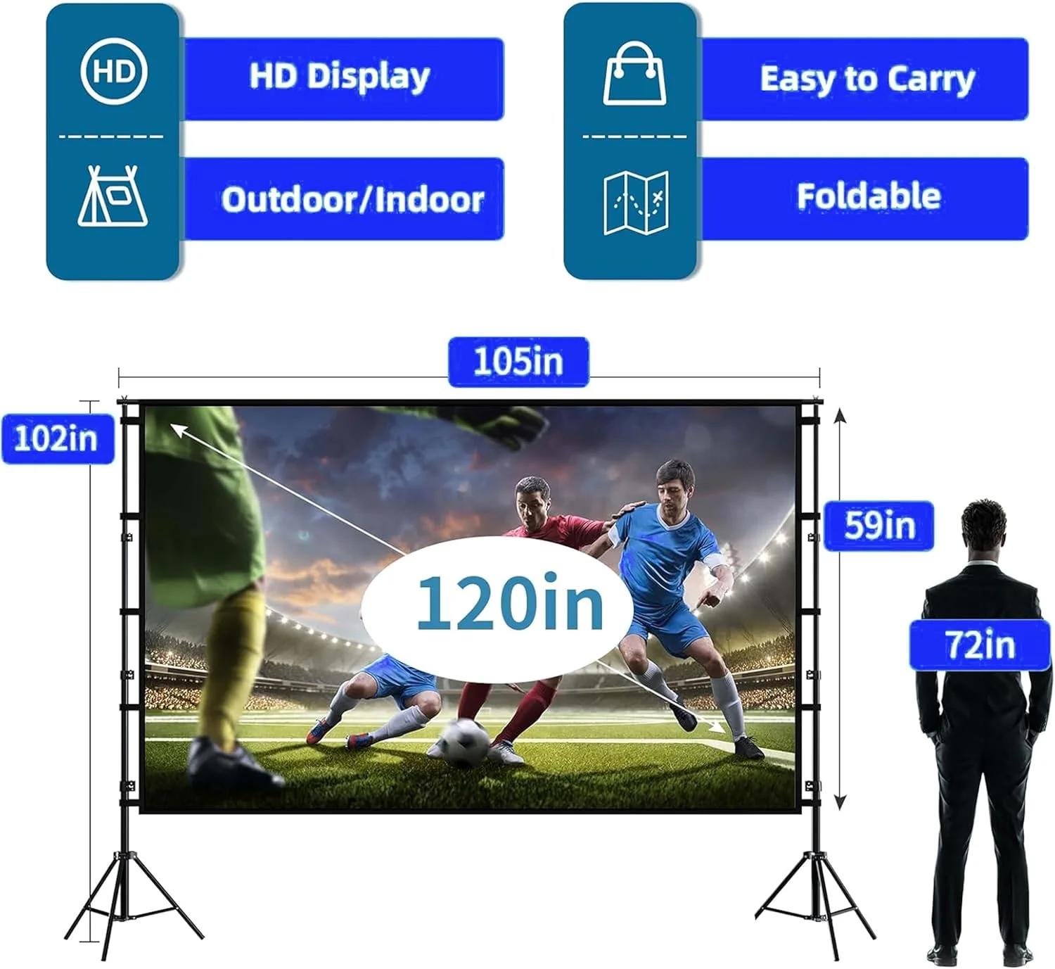 پرده نمایش پروژکتور Eoptify با پایه 120 اینچی، پرده نمایش تاشو قابل حمل 4K HD بدون چروک، سینمای خانگی سرپوشیده و فضای باز با کیف حمل پرده نمایش پروژکتور Eoptify با پایه 120 اینچی، پرده نمایش تاشو قابل حمل 4K HD بدون چروک، سینمای خانگی سرپوشیده و فضای باز با کیف حمل