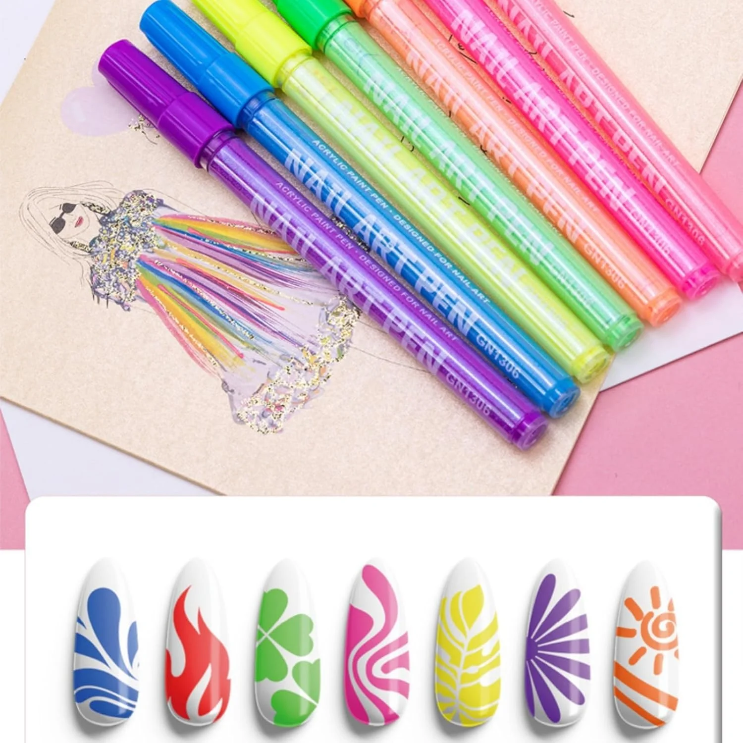 قلم طراحی ناخن 7 رنگ، ست قلم طراحی ناخن سه بعدی با خشک شدن سریع، ست قلم لاک ناخن ضد آب، قلم خط کشی طراحی ناخن برای طراحی هنری ناخن