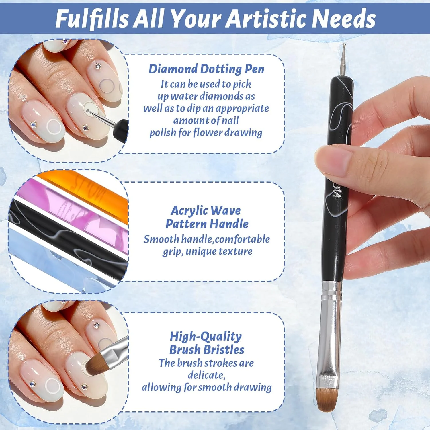ست 4 عددی برس طراحی ناخن فرنچ، برس ژل اکریلیک، ابزار مانیکور حرفه ای سه بعدی، قلم نقطه گذاری ناخن برای تمیز کردن کوتیکول و طراحی های دقیق