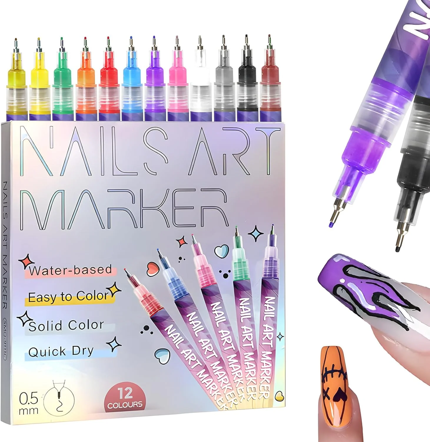 قلم طراحی ناخن سه بعدی، ۱۲ رنگ، نوک ۰.۵ میلی متری، قلم طراحی ناخن، قلم طراحی گرافیتی، برس نقاشی برای طراحی ناخن، مناسب برای استفاده خانگی و سالن های آرایشی، خشک شدن سریع