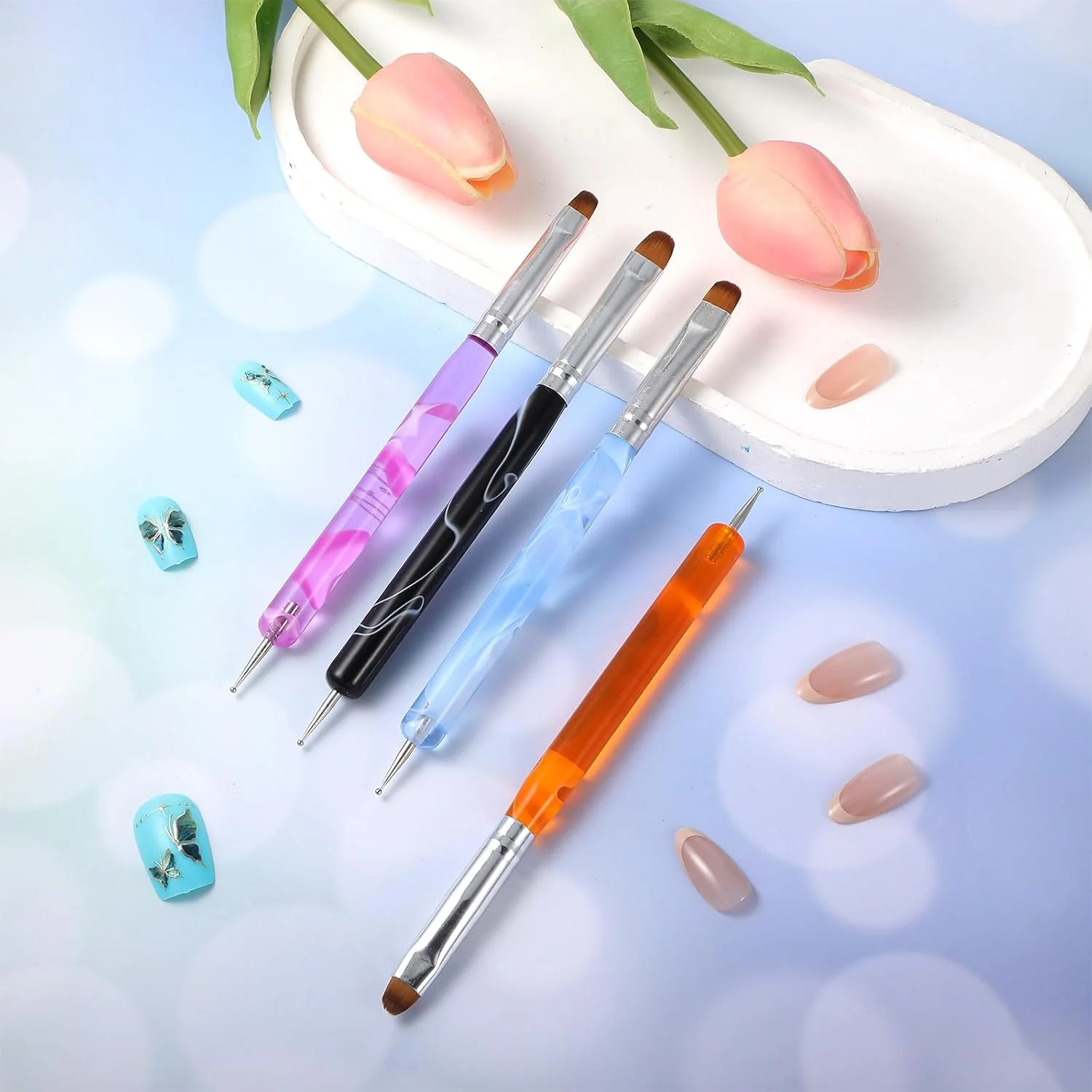 ست 4 عددی برس طراحی ناخن فرنچ، برس ژل اکریلیک، ابزار مانیکور حرفه ای سه بعدی، قلم نقطه گذاری ناخن برای تمیز کردن کوتیکول و طراحی های دقیق