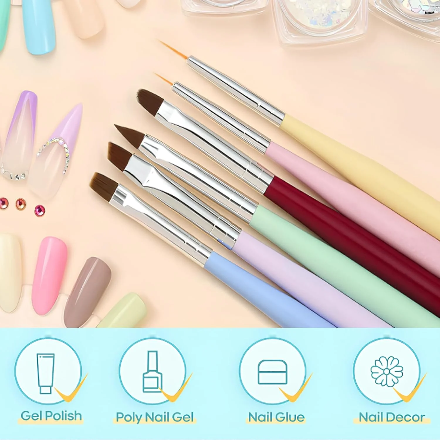 ست 6 عددی قلم مو طراحی ناخن، قلم موهای طراحی ناخن مناسب لاک ناخن، قلم مو ژل طراحی ناخن برای کاشت ناخن، قلم مو خط طراحی ناخن، ابزار قلم نقطه گذاری ناخن، قلم موهای چند منظوره ناخن برای طراحی ناخن DIY