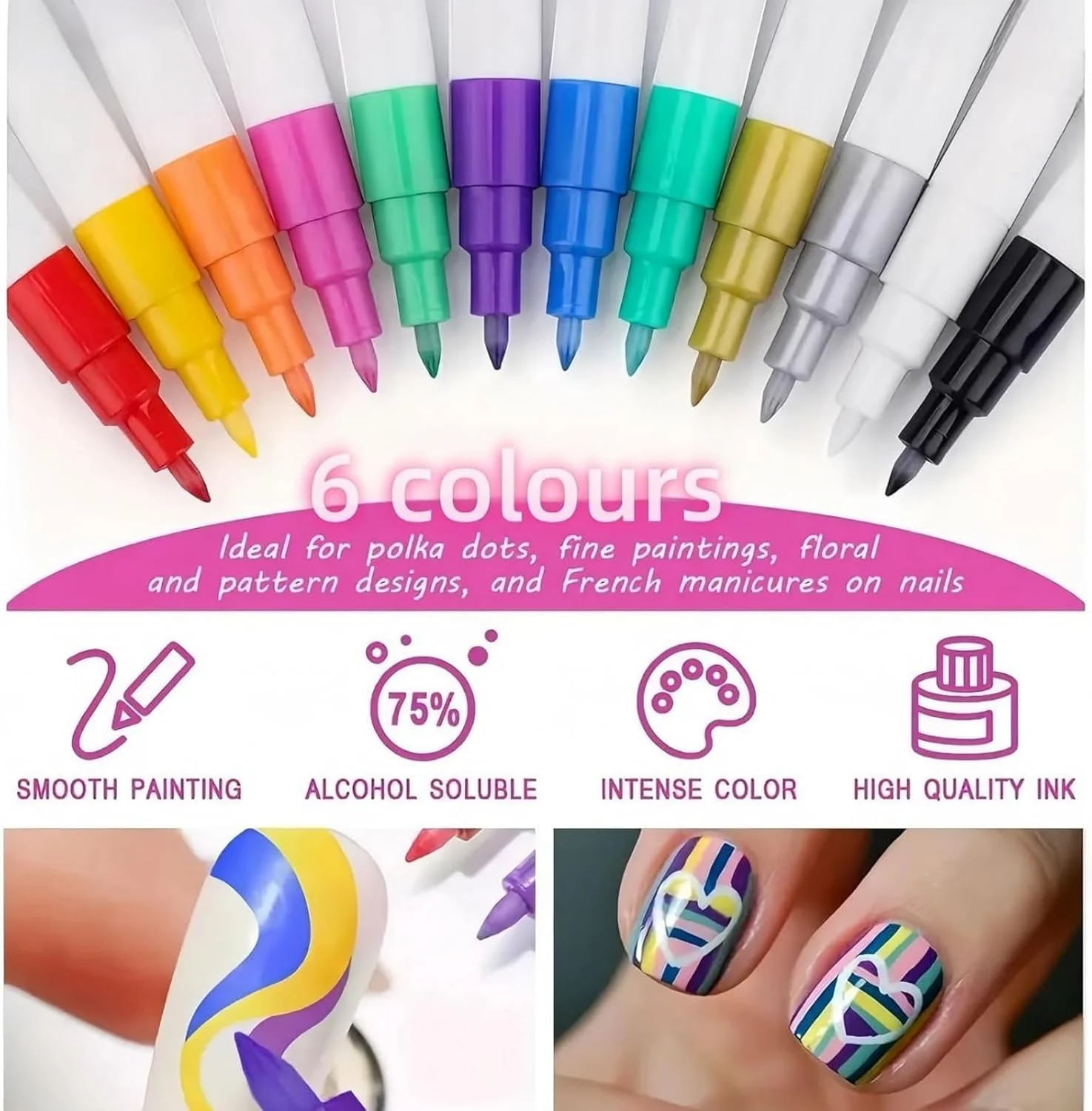 قلم طراحی ناخن 7 رنگ، ست قلم طراحی ناخن سه بعدی با خشک شدن سریع، ست قلم لاک ناخن ضد آب، قلم خط کشی طراحی ناخن برای طراحی هنری ناخن