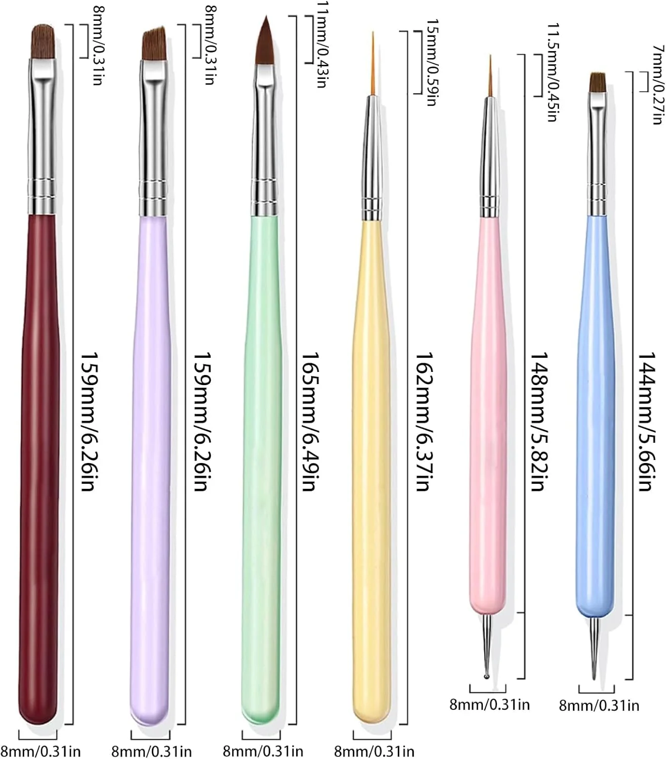 ست 6 عددی قلم مو طراحی ناخن، قلم موهای طراحی ناخن مناسب لاک ناخن، قلم مو ژل طراحی ناخن برای کاشت ناخن، قلم مو خط طراحی ناخن، ابزار قلم نقطه گذاری ناخن، قلم موهای چند منظوره ناخن برای طراحی ناخن DIY