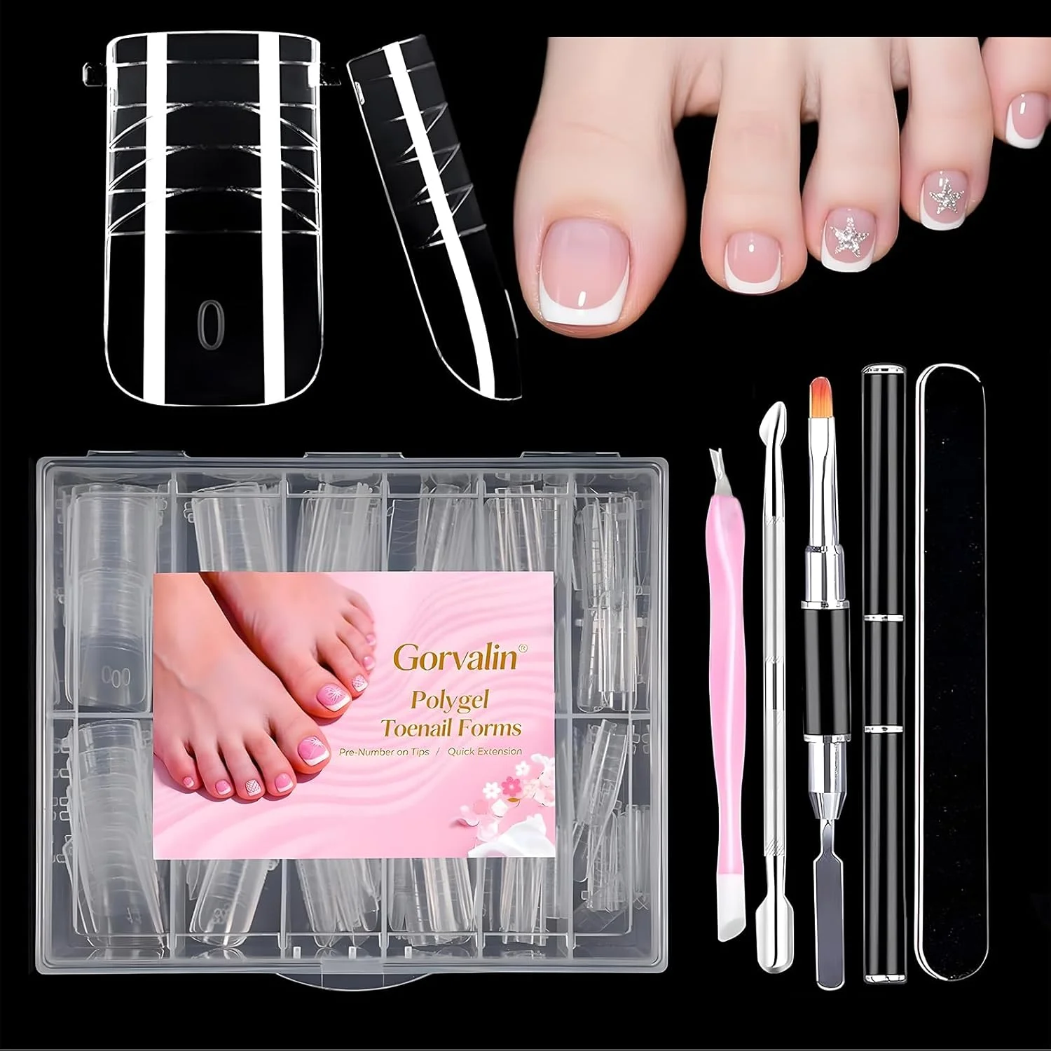کیت قالب ناخن پلی ژل 240 عددی برای انگشتان پا - قالب های ناخن پا دوگانه قابل استفاده مجدد برای ژل سازنده به همراه کیت مراقبت از ناخن - 12 سایز (شفاف)