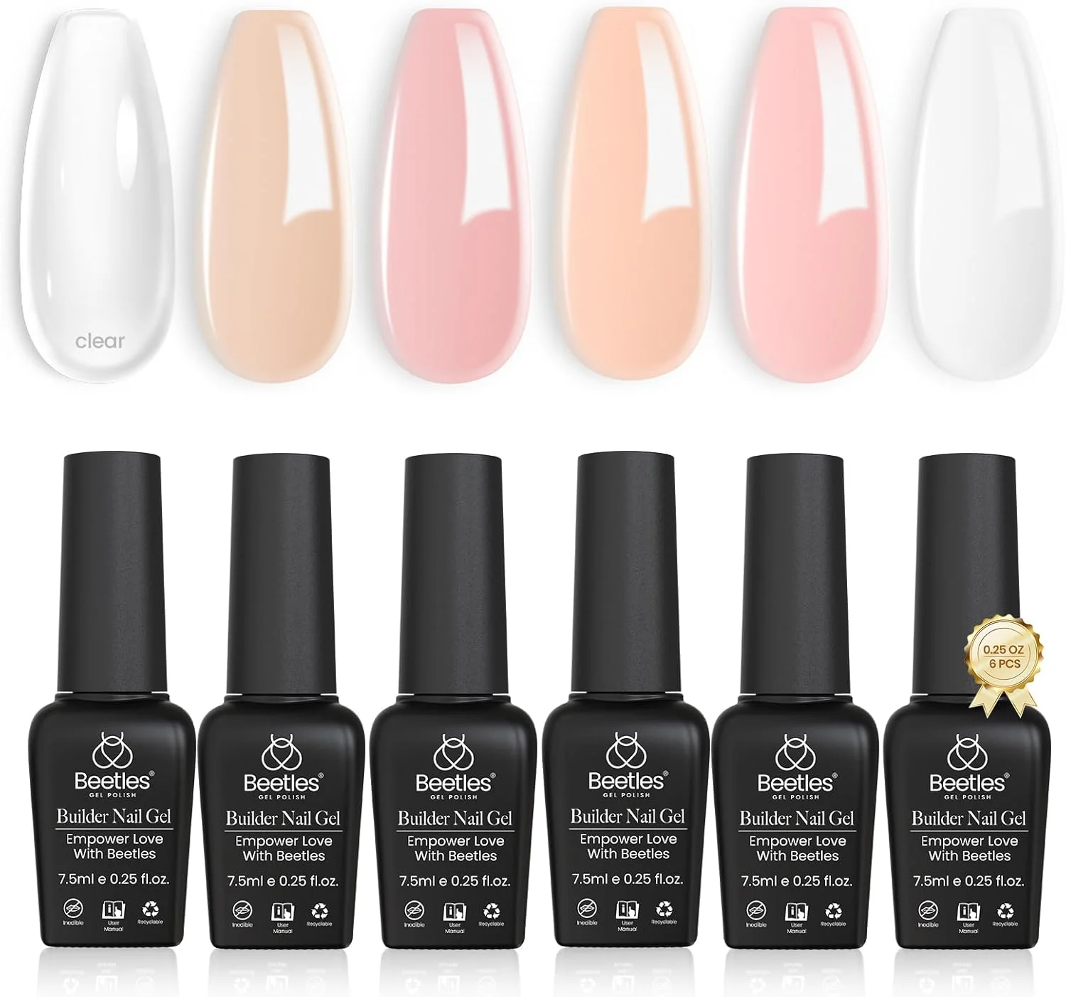 ژل سازنده سوسک ها 6 رنگ 7 در 1 ژل تقویت کننده، صورتی هلویی، سفید شیری، ژل سخت برای اکستنشن ناخن، چسب نگین، ژل پایه مورد نیاز برای هنر ناخن